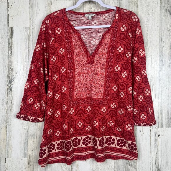 Lucky‎ Brand Women's 2X Boho Floral Shirt Red Multi Lightweight Stretch Top - Picture 1 of 11